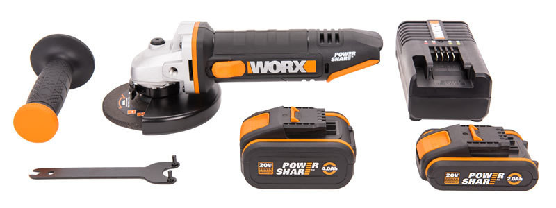 Угловая шлифовальная машина (болгарка) WORX WX803, 20v, 125 мм, в комплекте АКБ 2 А·ч + 4 А·ч и ЗУ, кейс (аккумуляторная)