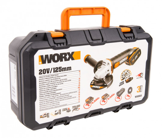 Угловая шлифовальная машина (болгарка) WORX WX803, 20v, 125 мм, в комплекте АКБ 2 А·ч + 4 А·ч и ЗУ, кейс (аккумуляторная)