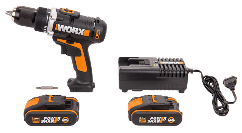 Дрель-шуруповерт WORX WX183.1, 20v, 50 Нм, в комплекте АКБ 2х2 А·ч и ЗУ, кейс (аккумуляторная)