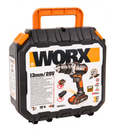 Дрель-шуруповерт WORX WX183.1, 20v, 50 Нм, в комплекте АКБ 2х2 А·ч и ЗУ, кейс (аккумуляторная)