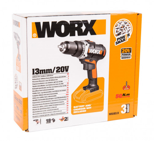 Дрель-шуруповерт WORX WX183.9, 20v, 50 Нм, без АКБ и ЗУ (аккумуляторная)
