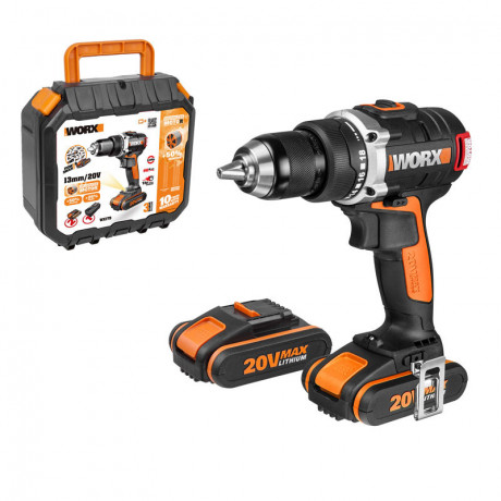 Дрель-шуруповерт WORX WX175, 20v, 60 Нм, в комплекте АКБ 2х2 А·ч и ЗУ, кейс (аккумуляторная)