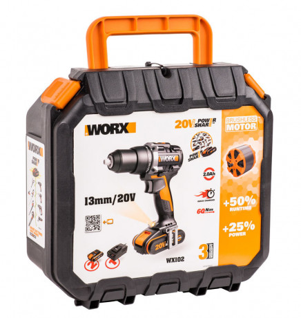 Дрель-шуруповерт WORX WX102, 20v, 60 Нм, в комплекте АКБ 2х2 А·ч и ЗУ, кейс (аккумуляторная)