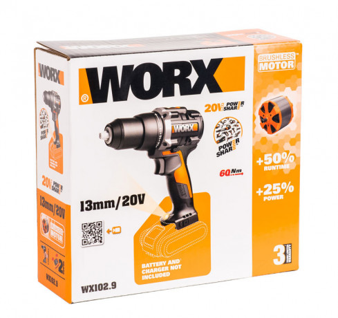 Дрель-шуруповерт WORX WX102.9, 20v, 60 Нм, без АКБ и ЗУ (аккумуляторная)