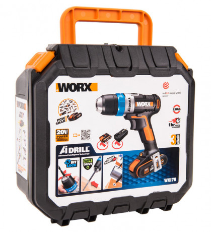 Дрель-шуруповерт WORX AiDrill WX178, 20v, 20 Нм, в комплекте АКБ 2 А·ч и ЗУ, кейс (аккумуляторная)