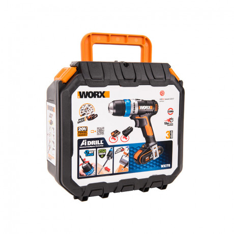 Дрель-шуруповерт WORX AiDrill WX178.1, 20v, 20 Нм, в комплекте АКБ 2х2 А·ч и ЗУ, кейс (аккумуляторная)