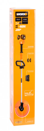 Триммер WORX WG183E, 40v, 33 см, в комплекте АКБ 2х2 А·ч и ЗУ (аккумуляторный)