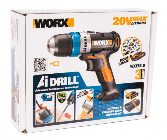 Дрель-шуруповерт WORX AiDrill WX178.9, 20v, 20 Нм, без АКБ и ЗУ (аккумуляторная)