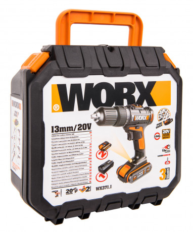 Ударная дрель-шуруповерт WORX WX371.1, 20v, 40 Нм, в комплекте АКБ 2х2 А·ч и ЗУ, кейс (аккумуляторная)