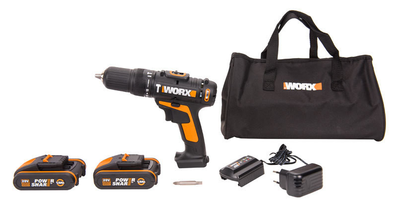 Ударная дрель-шуруповерт WORX WX371.3, 20v, 40 Нм, в комплекте АКБ 2х1.5 А·ч и ЗУ, сумка (аккумуляторная)