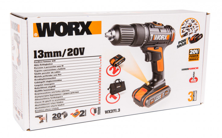 Ударная дрель-шуруповерт WORX WX371.3, 20v, 40 Нм, в комплекте АКБ 2х1.5 А·ч и ЗУ, сумка (аккумуляторная)