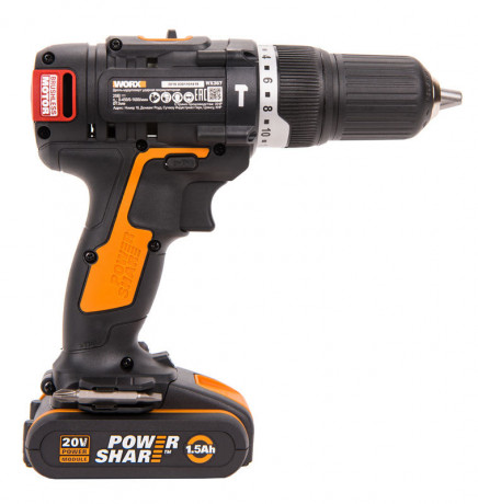 Ударная дрель-шуруповерт WORX WX367, 20v, 40 Нм, в комплекте АКБ 2х1.5 А·ч и ЗУ, кейс (аккумуляторная)