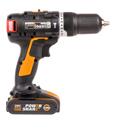 Ударная дрель-шуруповерт WORX WX367.1, 20v, 40 Нм, в комплекте АКБ 2х2 А·ч и ЗУ, с набором оснастки 158 шт. (аккумуляторная)