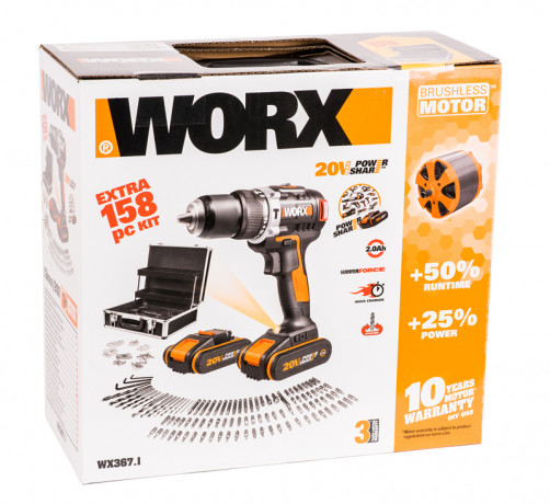 Ударная дрель-шуруповерт WORX WX367.1, 20v, 40 Нм, в комплекте АКБ 2х2 А·ч и ЗУ, с набором оснастки 158 шт. (аккумуляторная)