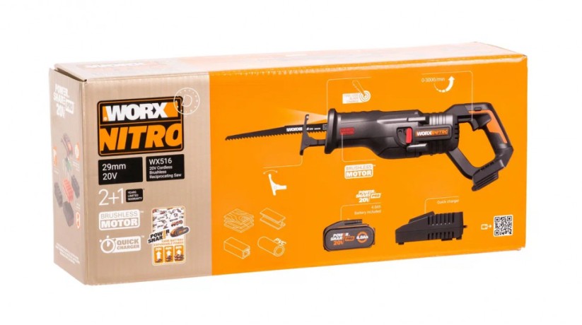 Аккумуляторная сабельная пила WORX WX516, 20В, 4Ач х1, ЗУ 2А.