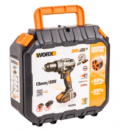 Ударная дрель-шуруповерт WORX WX352, 20v, 60 Нм, в комплекте АКБ 2х2 А·ч и ЗУ, кейс (аккумуляторная)
