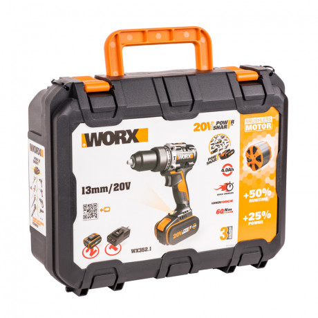 Ударная дрель-шуруповерт WORX WX352.1, 20v, 60 Нм, в комплекте АКБ 2х4 А·ч и ЗУ, ЗУ, кейс (аккумуляторная)
