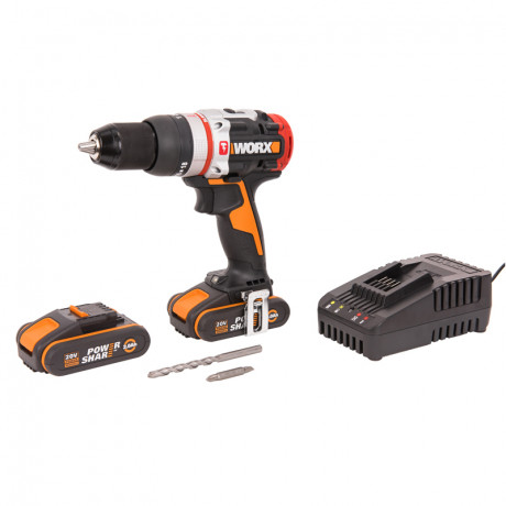 Ударная дрель-шуруповерт WORX WX354, 20v, 60 Нм, в комплекте АКБ 2х2 А·ч и ЗУ, кейс (аккумуляторная)