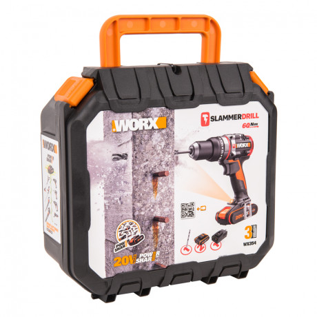 Ударная дрель-шуруповерт WORX WX354, 20v, 60 Нм, в комплекте АКБ 2х2 А·ч и ЗУ, кейс (аккумуляторная)