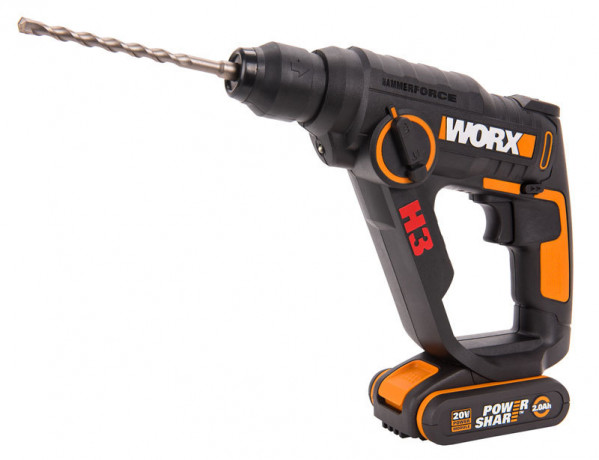 Перфоратор WORX H3 WX390.1, 20v, 1.2 Дж, в комплекте АКБ 2х2 А·ч и ЗУ (аккумуляторный)