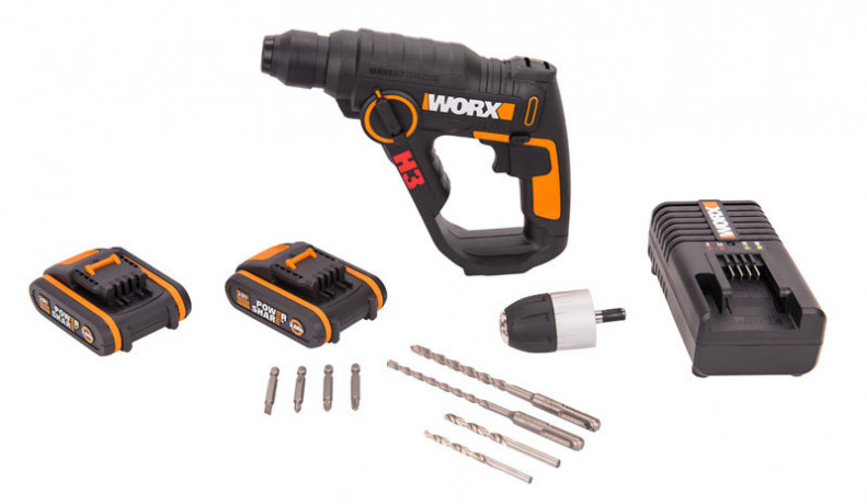 Перфоратор WORX H3 WX390.1, 20v, 1.2 Дж, в комплекте АКБ 2х2 А·ч и ЗУ (аккумуляторный)