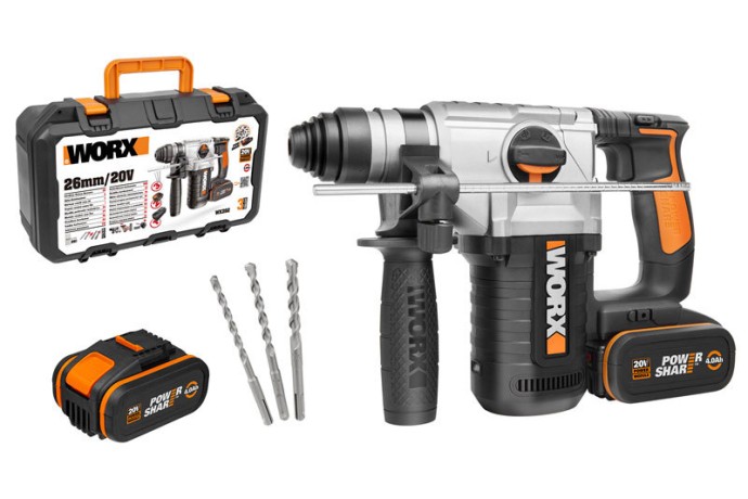 Перфоратор WORX WX392, 20v, 2.2 Дж, в комплекте АКБ 2х4 А·ч и ЗУ (аккумуляторный)