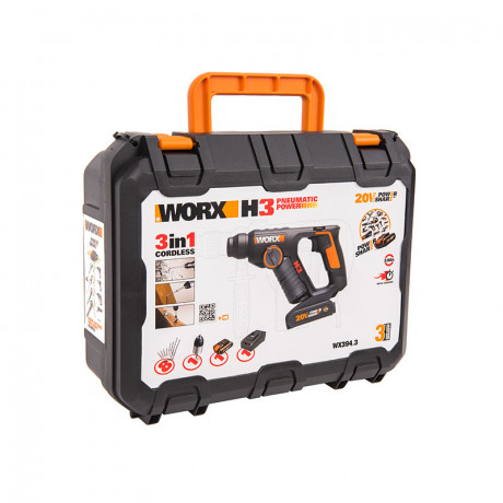 Перфоратор WORX WX394.3, 20v, 1.5 Дж, в комплекте АКБ 2 А·ч и ЗУ, кейс (аккумуляторный)