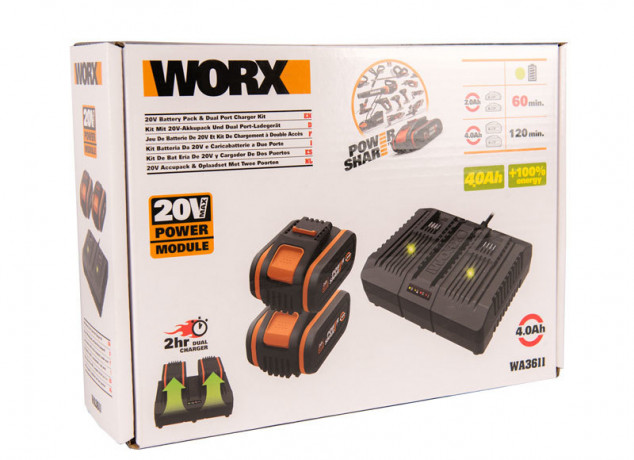 Комплект WORX WA3611: АКБ 2x4 А·ч и двойное ЗУ
