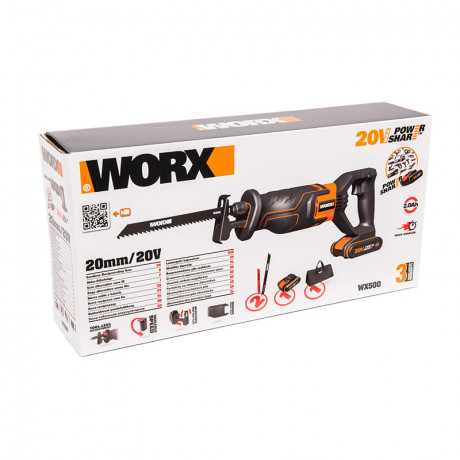 Сабельная пила WORX WX500, 20v, в комплекте АКБ 2 А·ч и ЗУ, сумка (аккумуляторная)