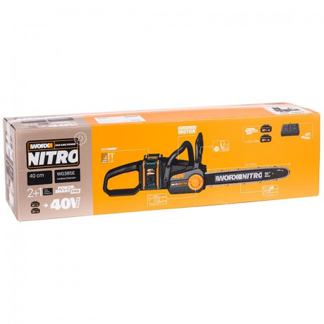 Цепная пила WORX NITRO WG385E, 40v, 40 см, в комплекте АКБ 2х4 А·ч и ЗУ (аккумуляторная)
