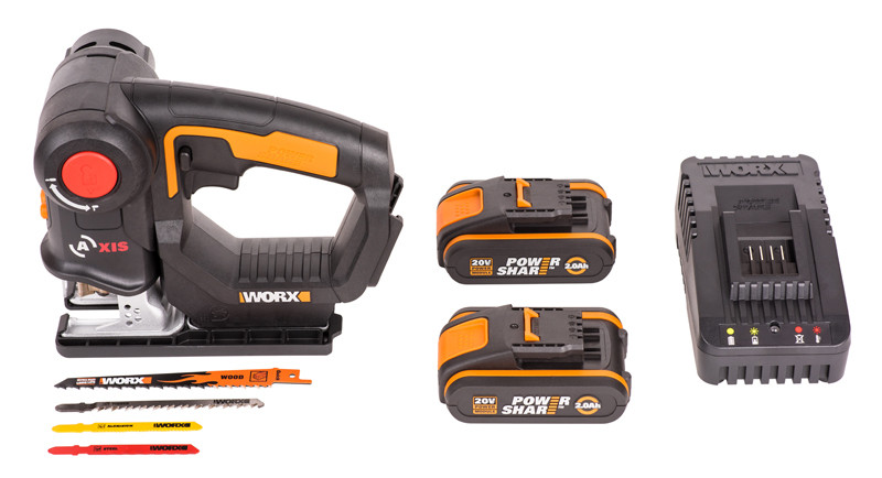 Лобзик + сабельная пила WORX Axis WX550.1, 20v, в комплекте АКБ 2x2 А·ч и ЗУ, кейс (аккумуляторная)