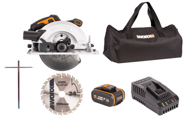 Циркулярная пила (дисковая) WORX WX520, 20v, 190 мм, в комплекте АКБ 4 А·ч и ЗУ, сумка (аккумуляторная)