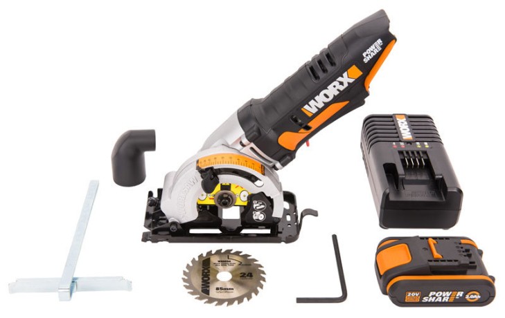 Циркулярная пила (дисковая) WORX SAW WX527, 20v, 85 мм, в комплекте АКБ 2 А·ч и ЗУ (аккумуляторная)