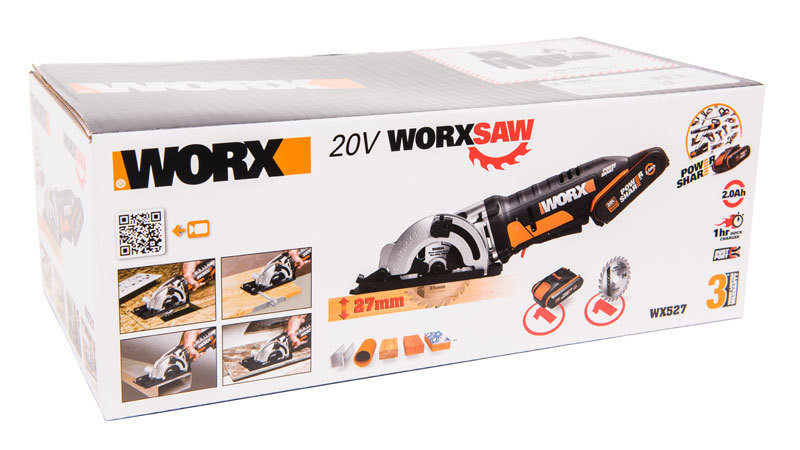 Циркулярная пила (дисковая) WORX SAW WX527, 20v, 85 мм, в комплекте АКБ 2 А·ч и ЗУ (аккумуляторная)