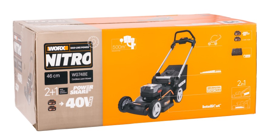 Газонокосилка аккумуляторная WORX WG748E 46 см, бесщеточная, 40В, 4Ач х2, ЗУ 2А х2, коробка
